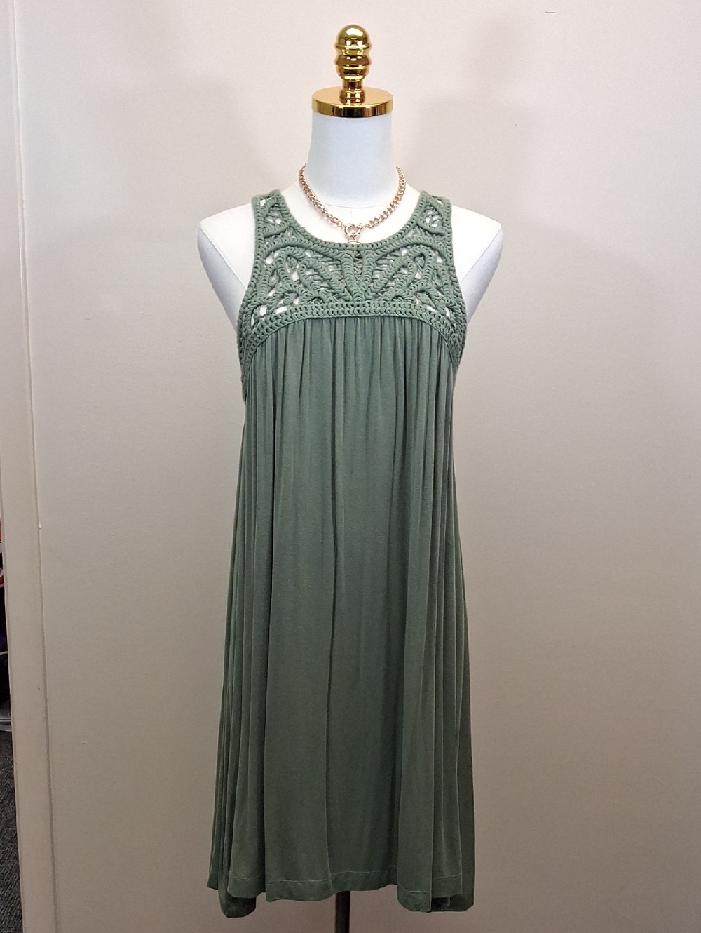 LOFT Olive Green Crochet Halter Mini Dress Boho Cottagecore Size Extra Small